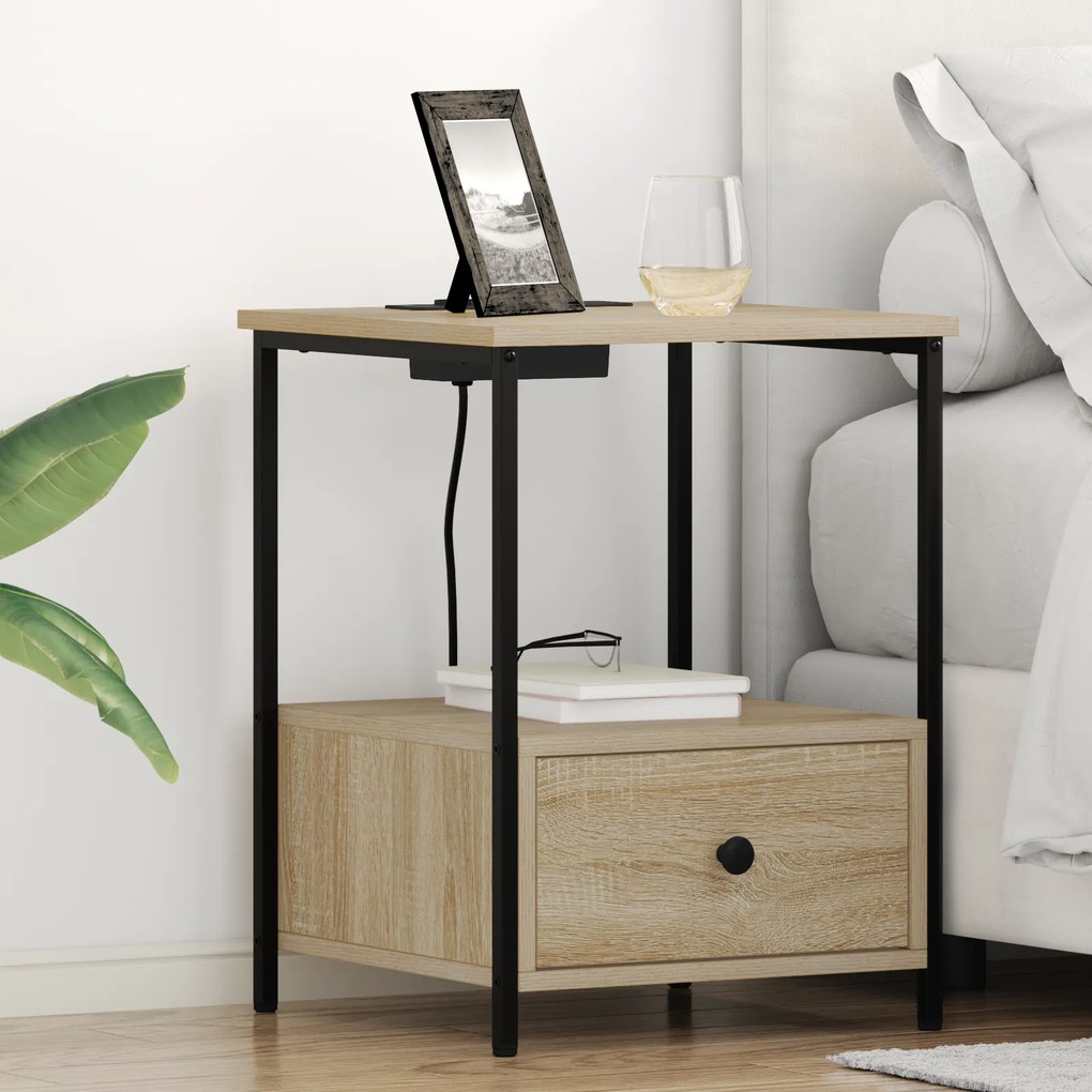 vidaXL Κομοδίνο με Σταθμό Φόρτισης με συρτάρι 2 pcs Sonoma Δρυς