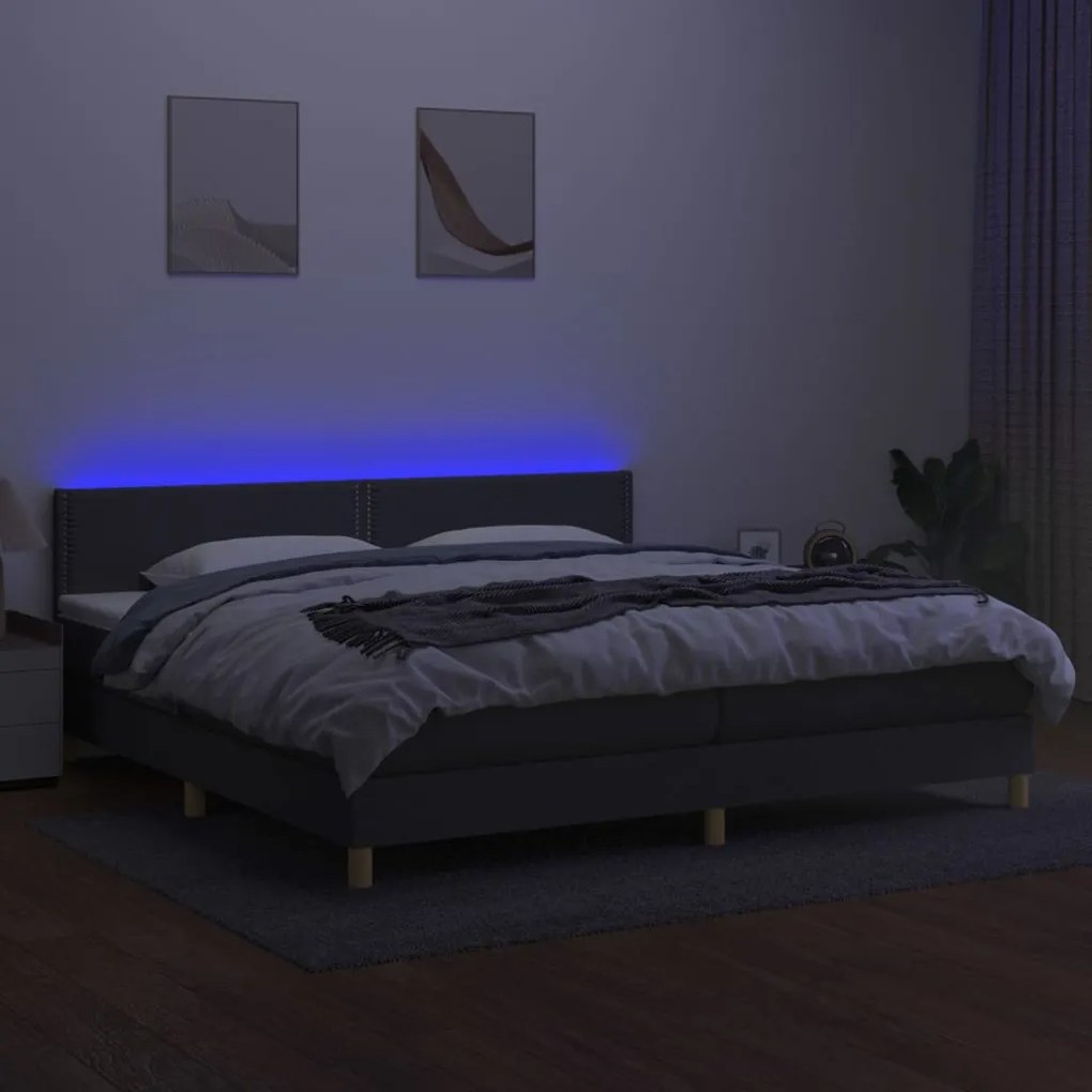 vidaXL Κρεβάτι Boxspring με Στρώμα & LED Σκ.Γκρι 200x200εκ. Υφασμάτινο