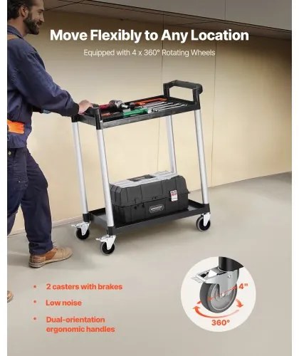 VEVOR Heavy Duty Utility Cart 300 lbs Capacity 2-tier Service Cart with Wheels