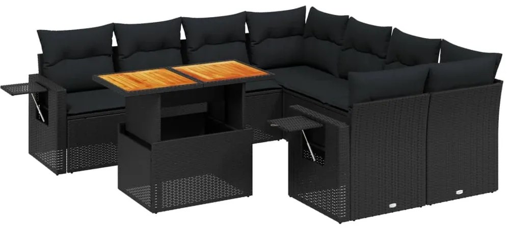 vidaXL Σαλόνι Κήπου Σετ 9 Τεμαχίων Μαύρο από Συνθ. Ρατάν με Μαξιλάρια