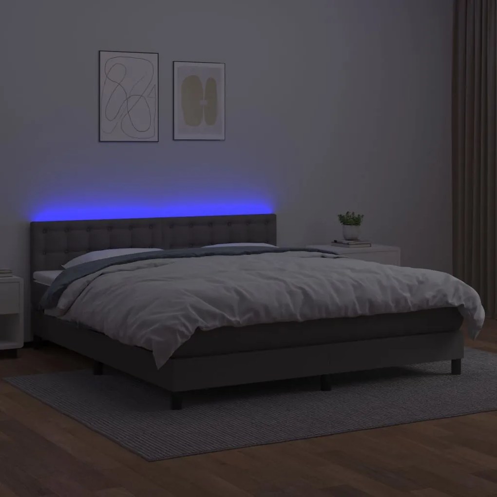 vidaXL Κρεβάτι Boxspring με Στρώμα &amp; LED Γκρι 180x200 εκ. Συνθ. Δέρμα