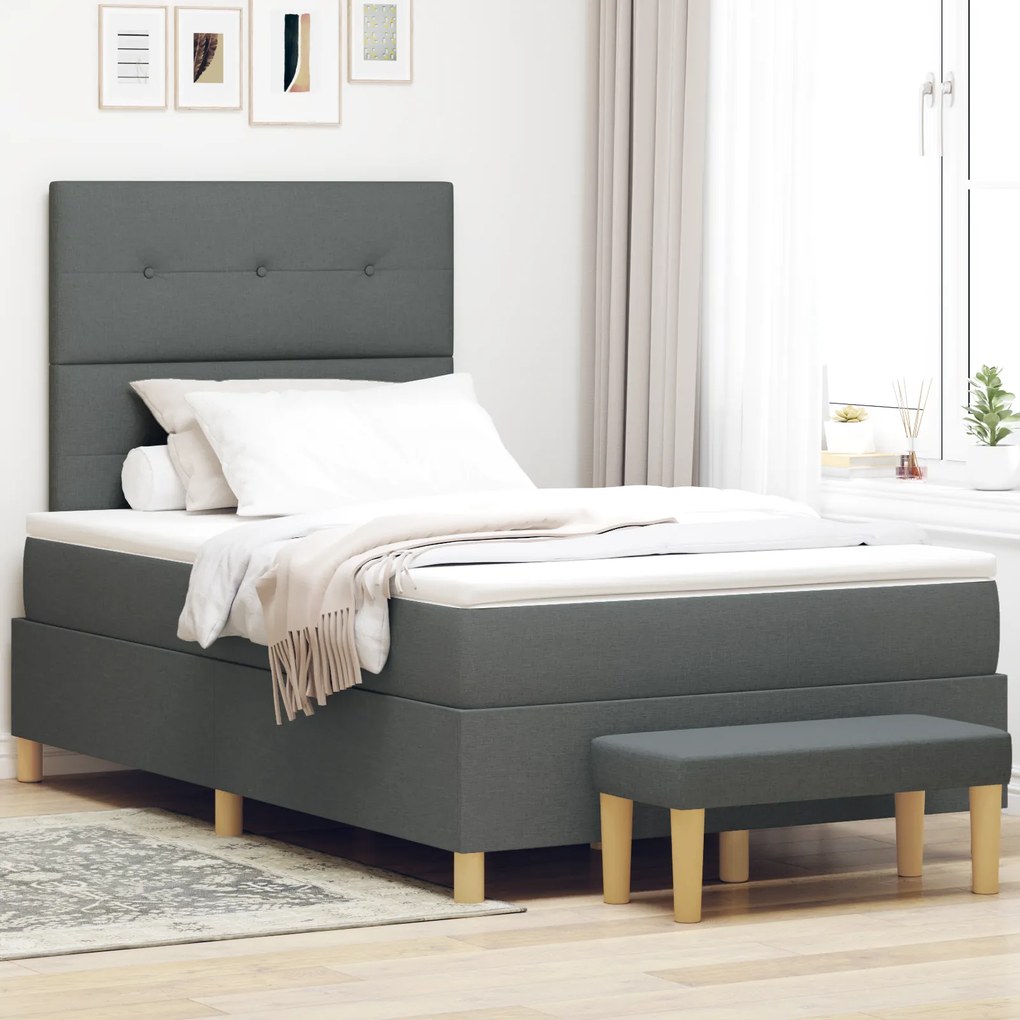 vidaXL Κρεβάτι με Στρώμα & Πάγκο Σκούρο Γκρι 120x200 εκ. Ύφασμα