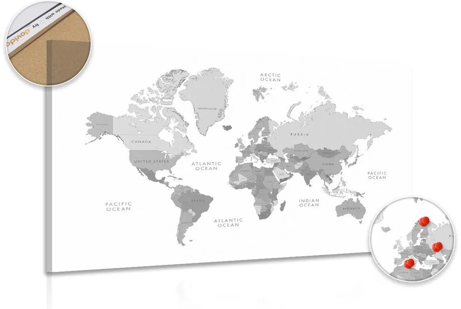 Εικόνα ενός ασπρόμαυρου παγκόσμιου χάρτη από φελλό σε μια vintage εμφάνιση - 120x80  smiley