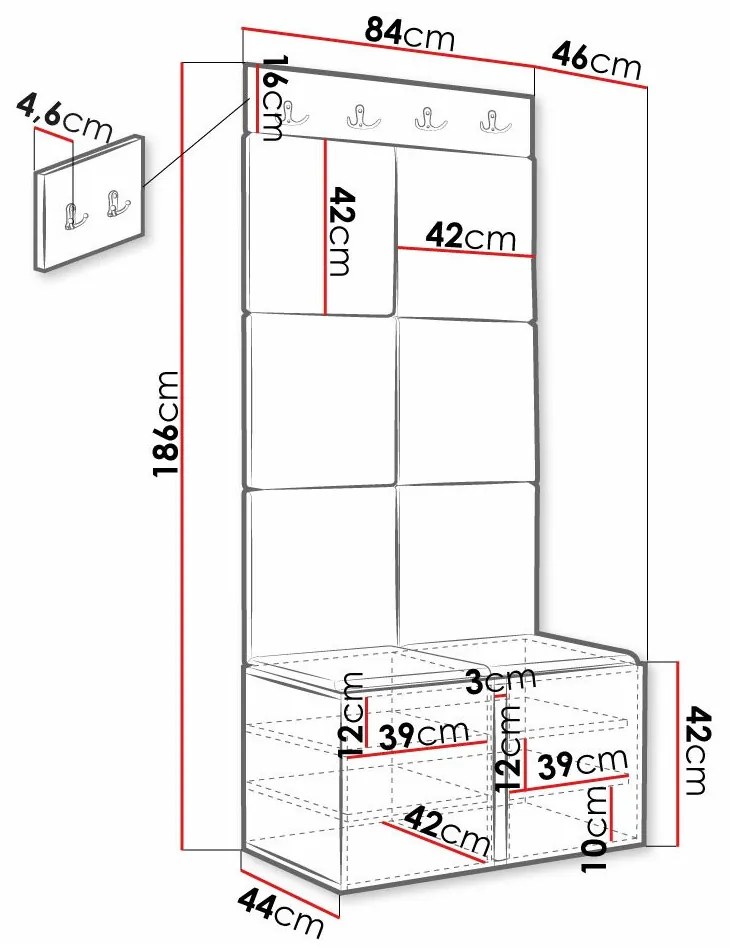 Σετ διαδρόμου Hartford 375, 186x84x46cm, Άσπρο, Πράσινο, Πλαστικοποιημένη μοριοσανίδα, Ταπισερί, Ινοσανίδες μέσης πυκνότητας, Εντοιχισμένη, Τοίχου