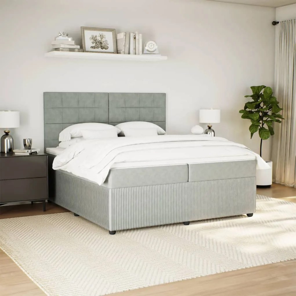 vidaXL Κρεβάτι Boxspring με Στρώμα Ανοιχτό Γκρι 200x200 εκ. Βελούδινο