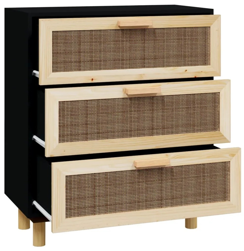 vidaXL Συρταριέρα Μαύρη 60x30x70 εκ. από Μασίφ Πεύκο &amp; Φυσικό Ρατάν