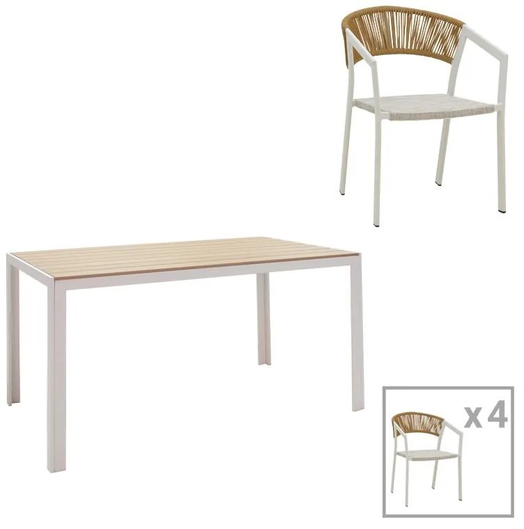 Τραπεζαρία Nares-Glisten A σετ 5τεμ λευκό αλουμίνιο και plywood σε φυσική απόχρωση 140x80x72.5εκ 140x80x72.5 εκ.