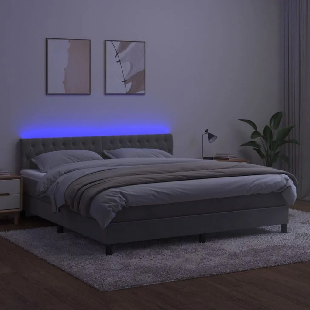 Κρεβάτι Boxspring με Στρώμα &amp; LED Αν.Γκρι 180x200 εκ. Βελούδινο - Γκρι