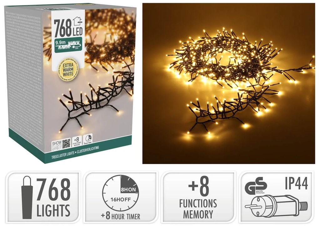 768 Φωτάκια LED - 9.9 Μέτρα + 3 Μέτρα σύνδεσης, Κανονική Διάταξη, με χειριστήριο, 8 προγράμματα, Μαύρο καλώδιο PVC - Extra Θερμό Λευκό