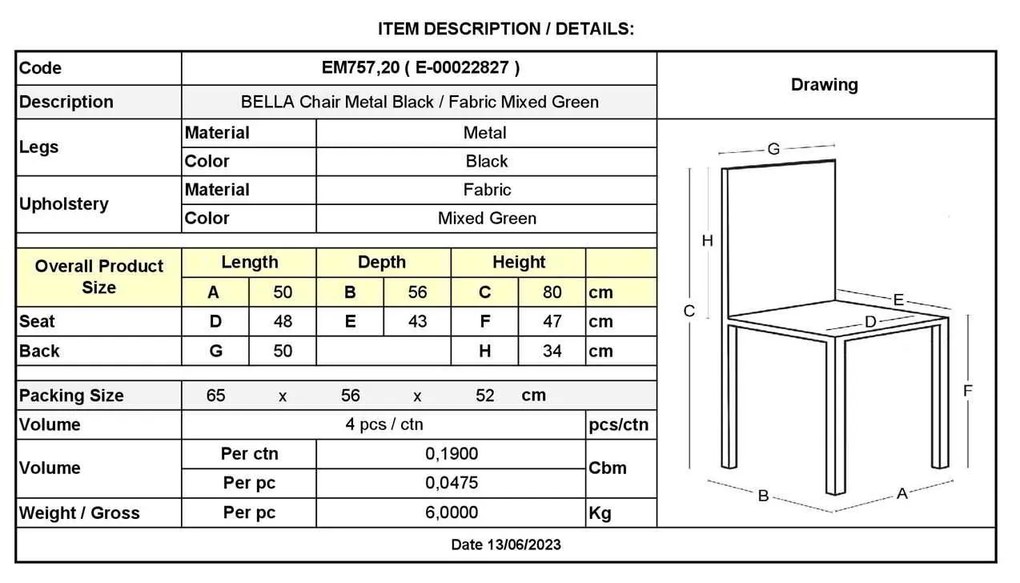 Καρέκλα Bella Μέταλλο Βαφή Μαύρο / Ύφασμα Mixed Green . Διάσταση: 50x57x81cm (Σετ 4 ΤΕΜ)