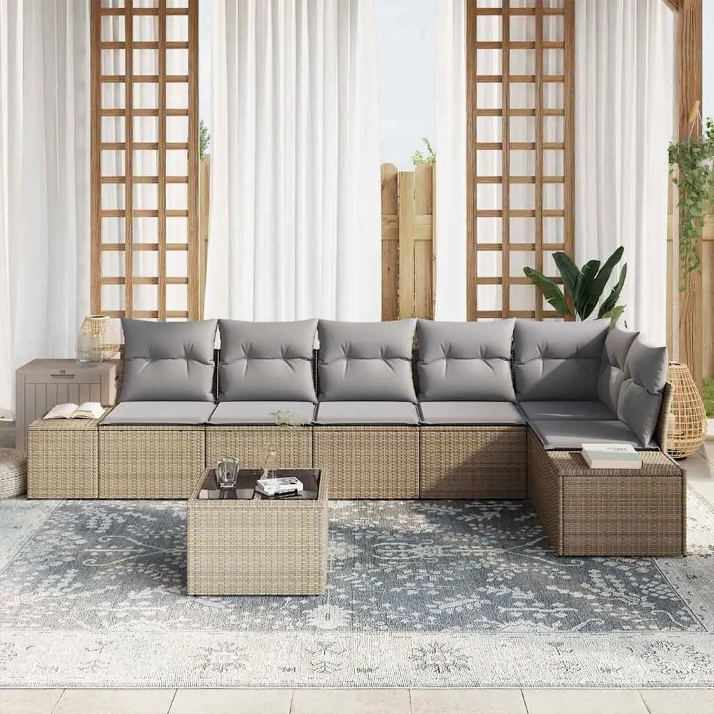 vidaXL Σετ Καναπέ Κήπου με μαξιλάρι 7 pcs Μπεζ, γκρι Πολυ ράταν