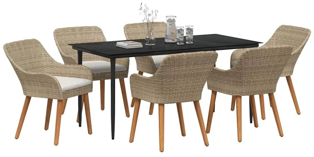 vidaXL Σέτ φαγητού για κήπο με μαξιλάρι 7 pcs Μπεζ συνθετικό ρατάν