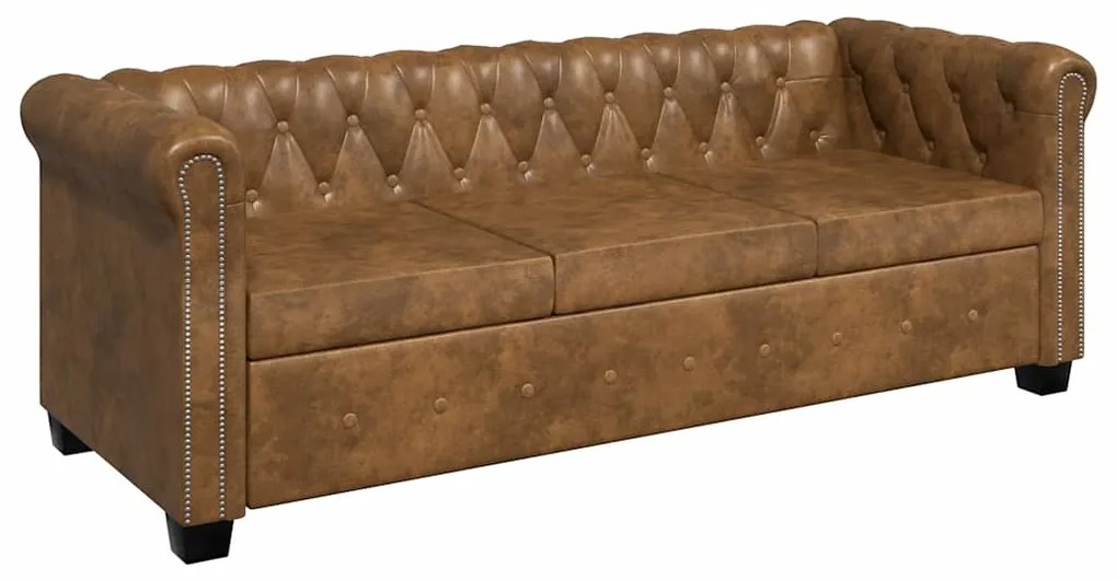 vidaXL Καναπές Τριθέσιος Chesterfield Καφέ από Συνθετικό Δέρμα