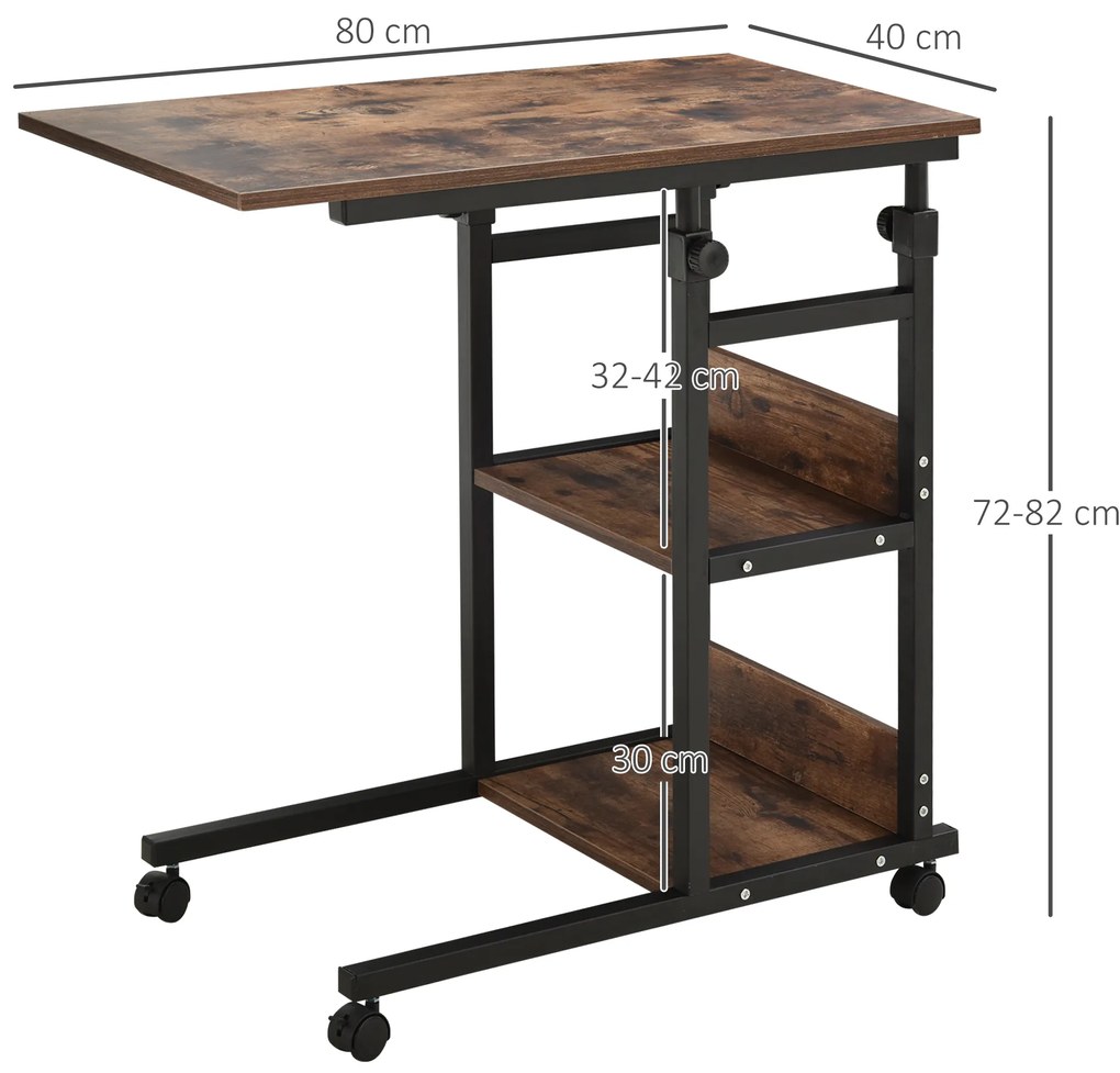 Τραπεζάκι σαλονιού με ροδάκια, ρυθμιζόμενο ύψος, συμπαγές, 2 ράφια, μεταλλικό πλαίσιο, 80x40x72-82 cm, Καφέ/Μαύρο