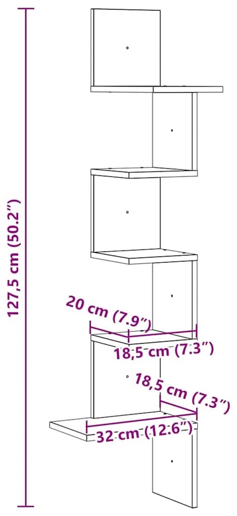 Γωνιακή Ραφιέρα Τοίχου Γκρι Sonoma 32x32x127,5 εκ Επεξ. Ξύλο - Γκρι
