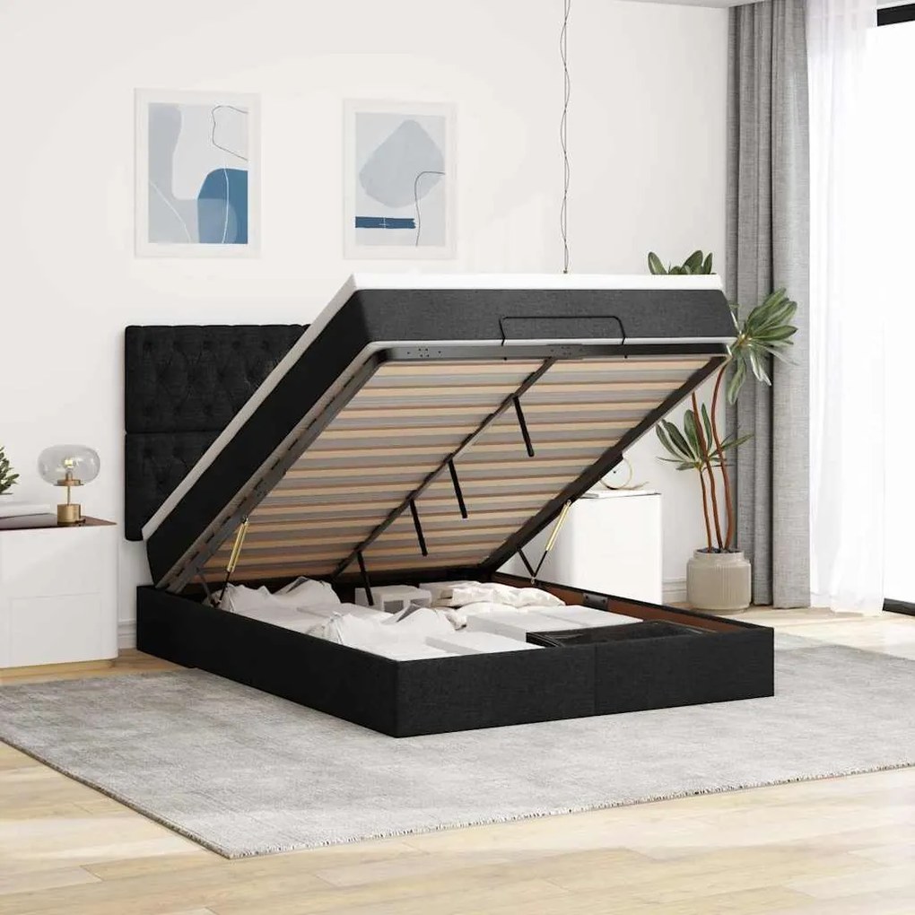 vidaXL Οθωμανικό κρεβάτι με στρώμα &amp; LEDs Μαύρο 140x200 cm Ύφασμα