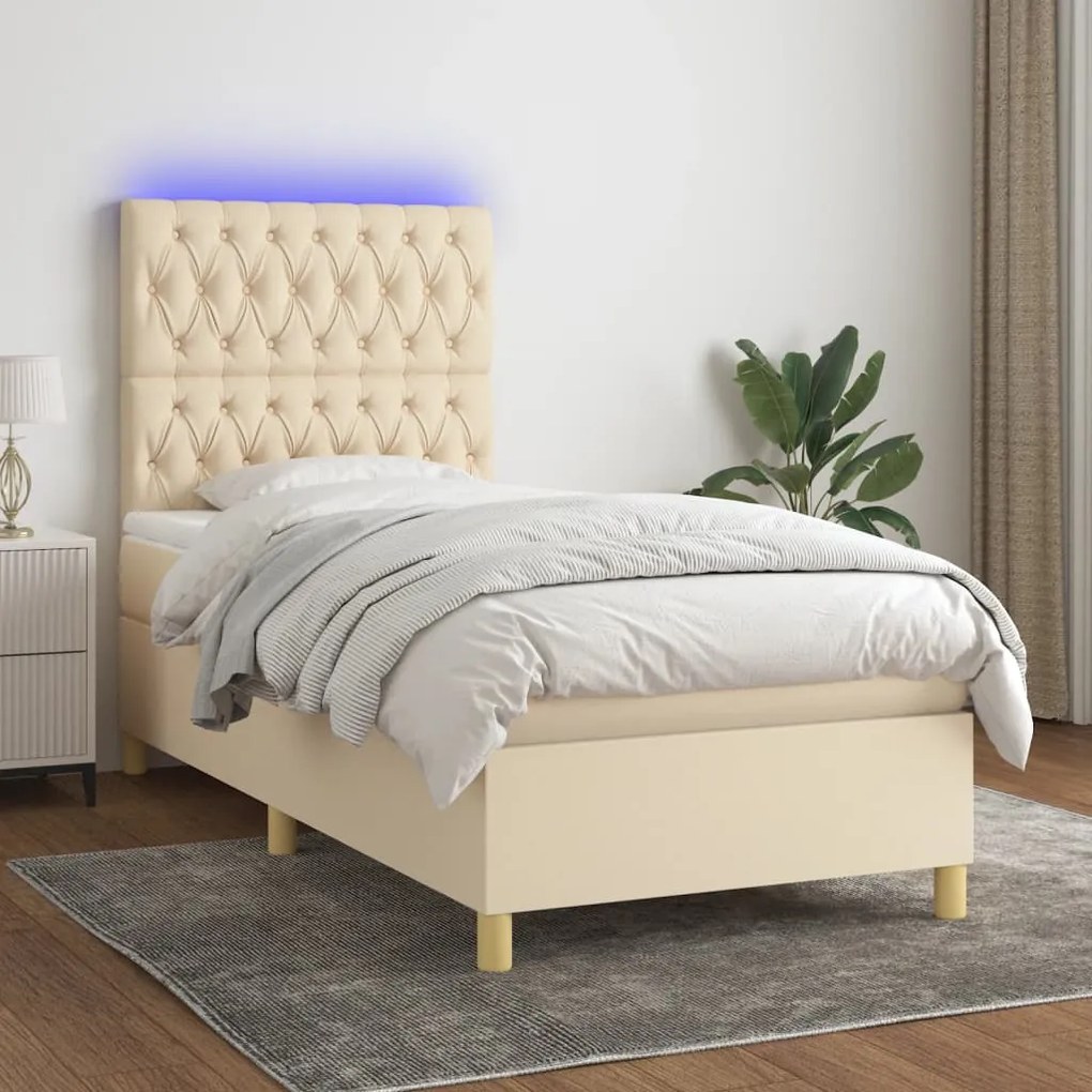 Κρεβάτι Boxspring με Στρώμα &amp; LED Κρεμ 90x190 εκ. Υφασμάτινο