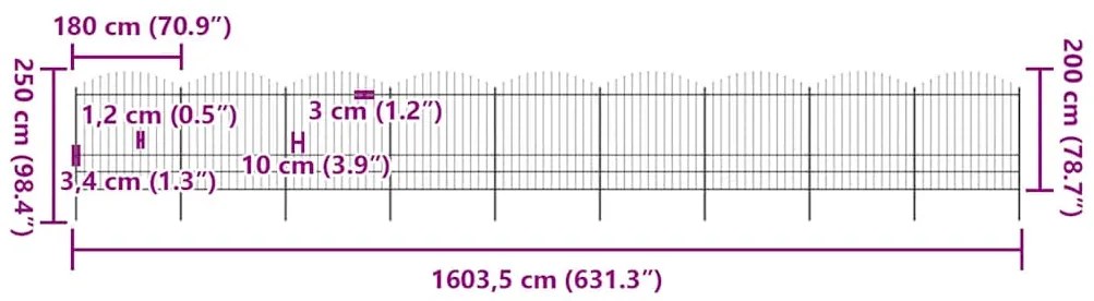 vidaXL Φράχτης Κήπου με Κορυφή Δόρυ από Ατσάλι 1603,5 x 200 εκ. Μαύρος