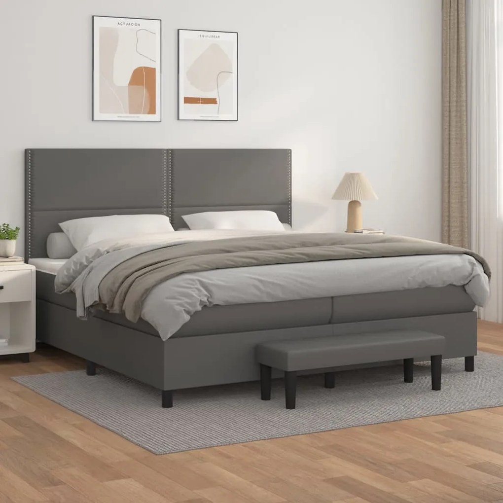 vidaXL Κρεβάτι Boxspring με Στρώμα Γκρι 200x200 εκ. Συνθετικό Δέρμα