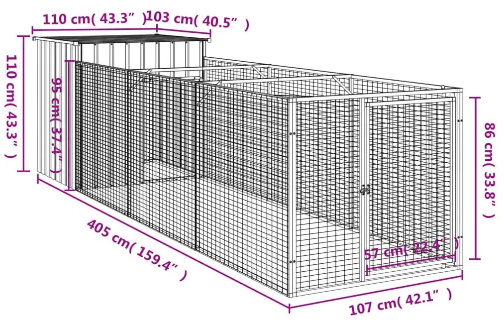 Σπιτάκι Σκύλου με Αυλή Αν. Γκρι 110x405x110 εκ. Γαλβαν. Χάλυβας - Γκρι