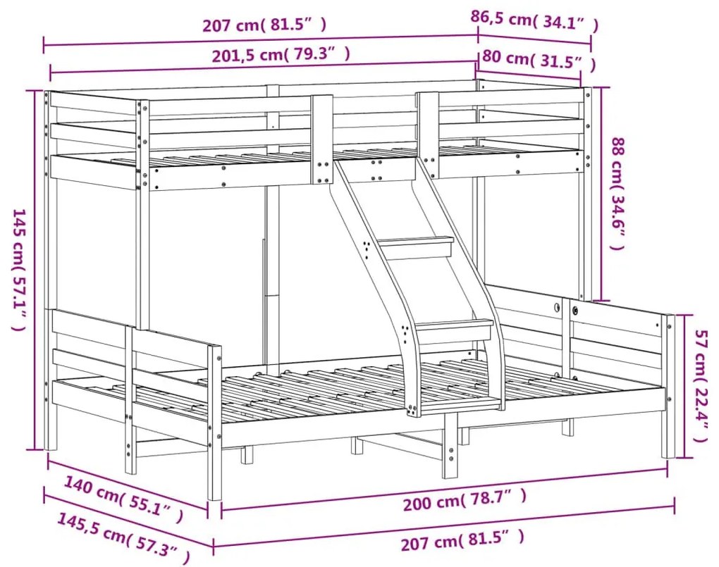 Κουκέτα 80x200/140x200 εκ. Καφέ Κεριού από Μασίφ Ξύλο Πεύκου - Καφέ