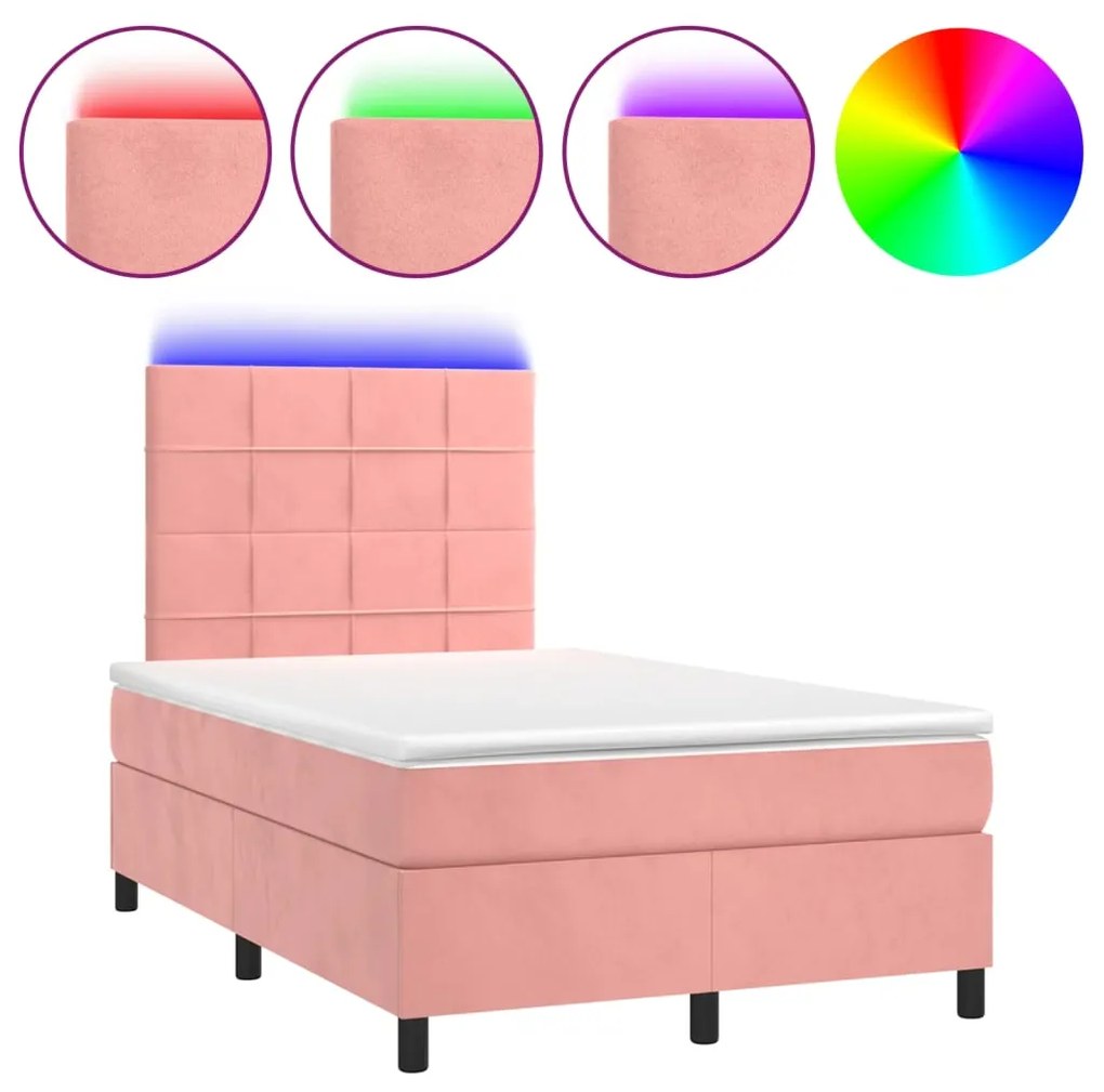 Κρεβάτι Boxspring με Στρώμα &amp; LED Ροζ 120x190 εκ. Βελούδινο - Ροζ