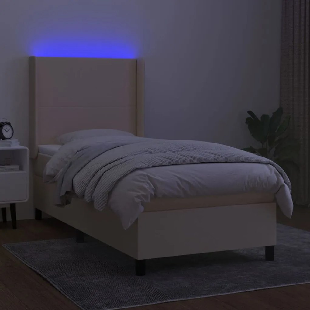 vidaXL Κρεβάτι Boxspring με Στρώμα & LED Κρεμ 100x200 εκ. Υφασμάτινο