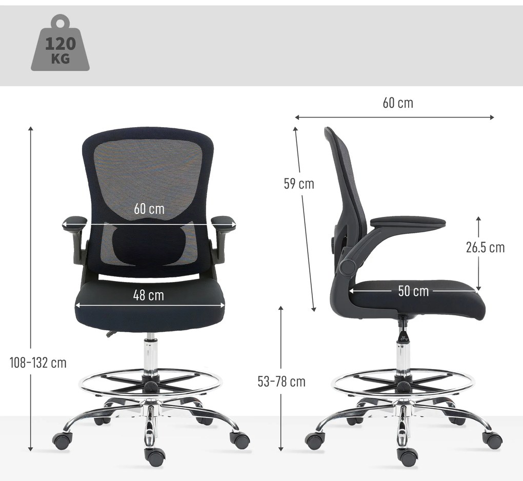 HOMCOM Καρέκλα σχεδίασης με οσφυϊκή υποστήριξη, ρυθμιζόμενο ύψος, περιστρεφόμενη, για οικιακό γραφείο, στούντιο, καλλιτεχνικά έργα, μαύρο
