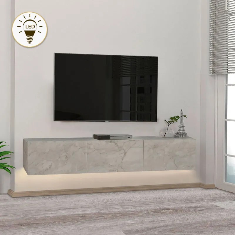 Έπιπλο τηλεόρασης επιτοίχιο Damla Megapap με LED χρώμα λευκό εφέ μαρμάρου 180x29,5x29,5εκ.-GP042-0169,7