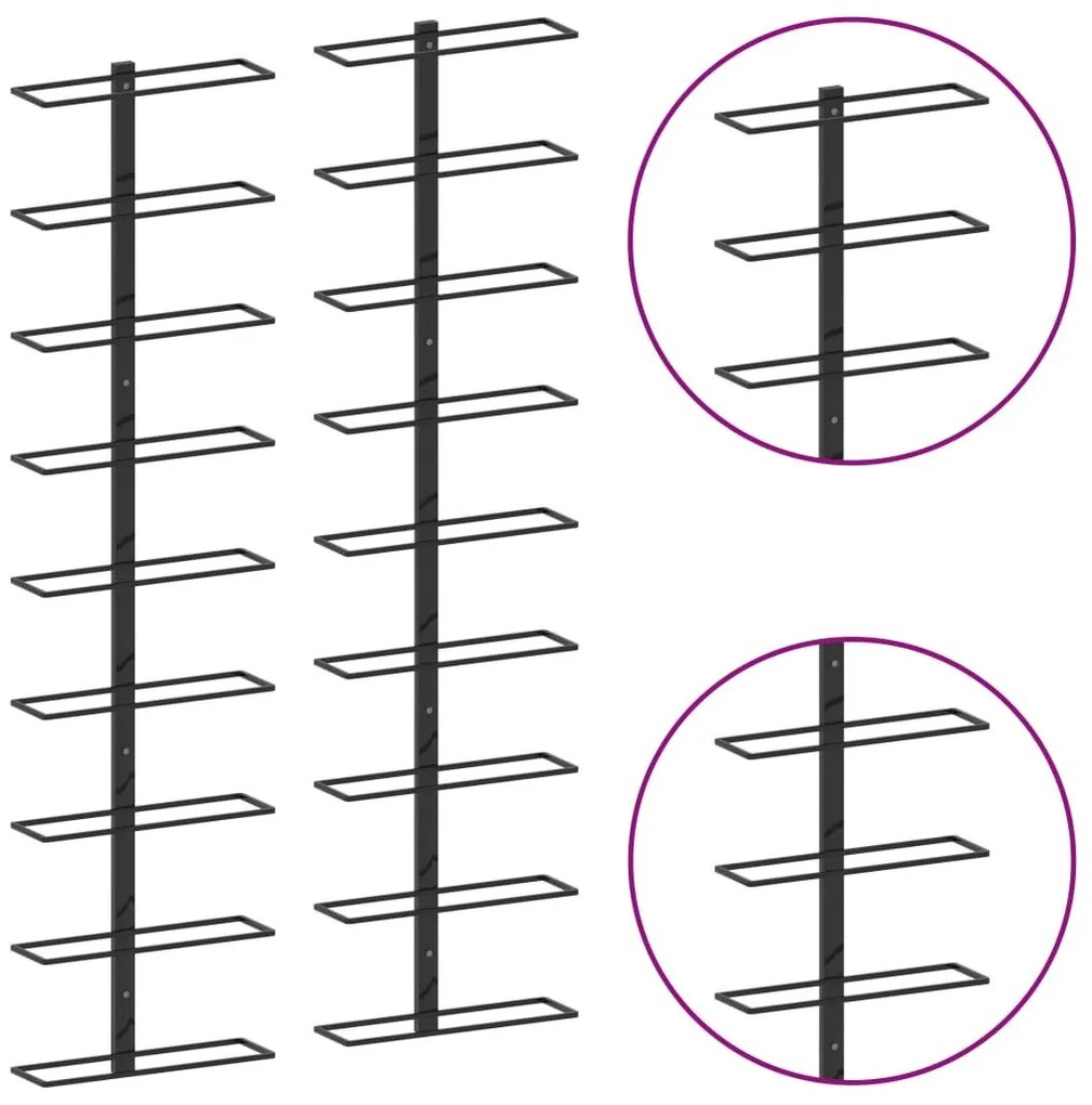 Βάσεις Κρασιών Τοίχου 2 τεμ. για 18 Φιάλες Μαύρες Σιδερένιες - Μαύρο