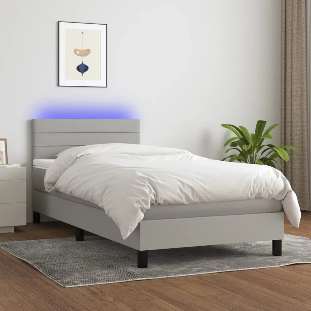 Κρεβάτι Boxspring με Στρώμα & LED Αν.Γκρι 90x190 εκ. Υφασμάτινο