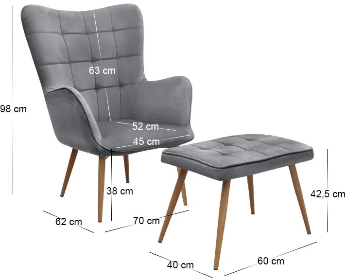 Πολυθρόνα - Μπερζέρα με υποπόδιο Lily Megapap γκρι βελούδο - μεταλλικό πόδι χρώμα φυσικό 70x62x98εκ.