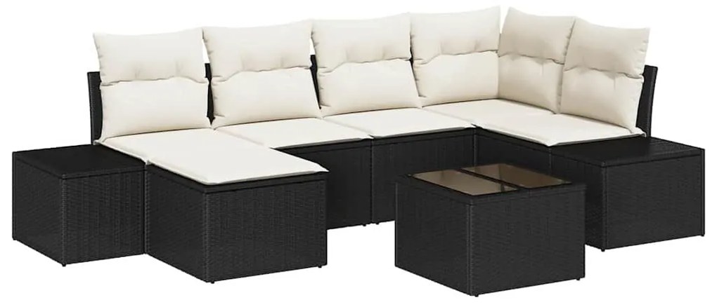 vidaXL Σετ Καναπέ Κήπου με μαξιλάρι 7 pcs Μαύρο και Κρεμ Πολυ ράταν