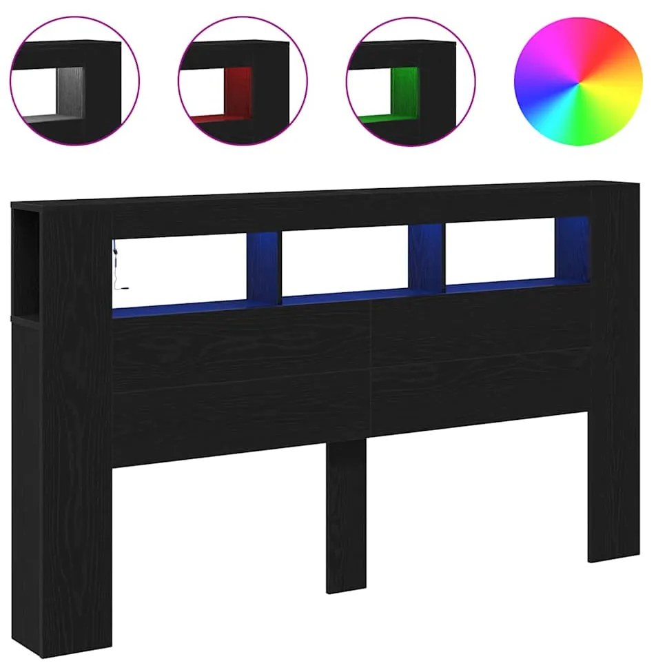 vidaXL LED κεφαλάρι με ράφι Μαύρη δρυς 180 x 18.5 x 103.5 cm