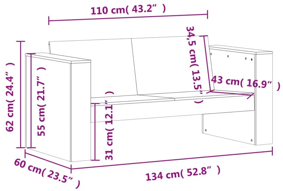 Καναπές Κήπου Διθέσιος Καφέ 134x60x62 εκ. Μασίφ Ξύλο Πεύκου - Καφέ