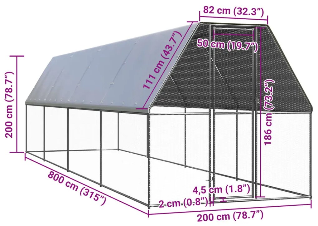 vidaXL Κοτέτσι - Κλουβί Εξωτ. Χώρου 2x8x2 μ. από Γαλβανισμένο Χάλυβα