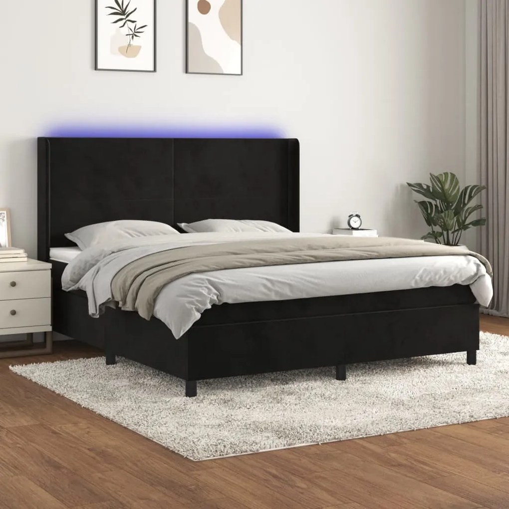 Κρεβάτι Boxspring με Στρώμα & LED Μαύρο 180x200 εκ. Βελούδινο