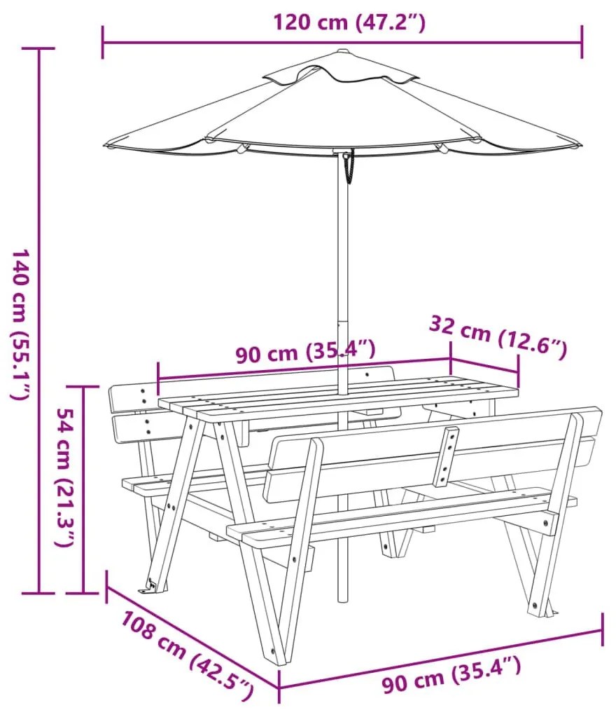Τραπέζι Πικνίκ για 4 Παιδιά με Ομπρέλα από Μασίφ Ξύλο Ελάτης - Καφέ