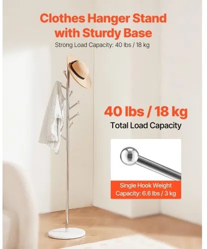 VEVOR Coat Rack Freestanding Coats Rack Stand with Stable Marble Base & 8 Hooks