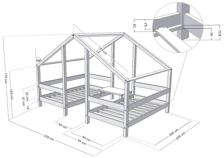 Κρεβάτι Σπιτάκι για 2 παιδιά Montessori Twin από μασίφ ξύλο Grey  90×200cm