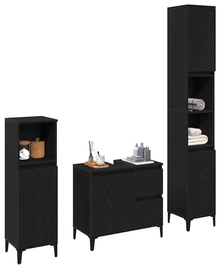 vidaXL Σετ Επίπλων Μπάνιου με συρτάρι 3 pcs Μαύρο 30 x 30 x 180 cm