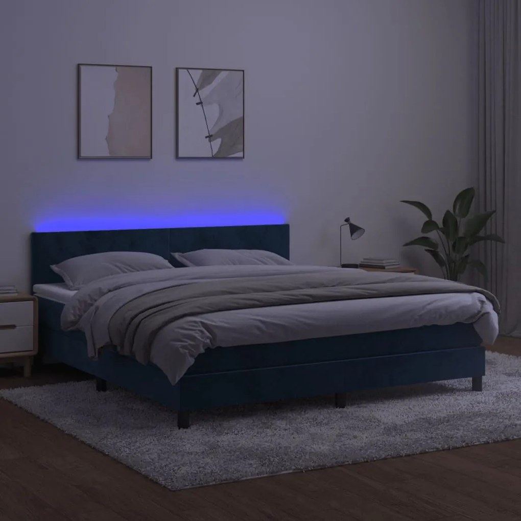 vidaXL Κρεβάτι Boxspring με Στρώμα &amp; LED Σκ. Μπλε 160x200εκ. Βελούδινο