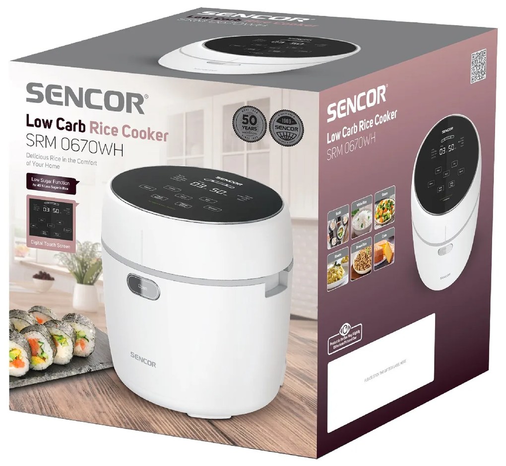Ατμομάγειρας Ρυζιού Sencor SRM 0670WH 0,6lt 500W με Αντικολλητική Επιφάνεια Low Carb και Low Sugar Function Λευκός