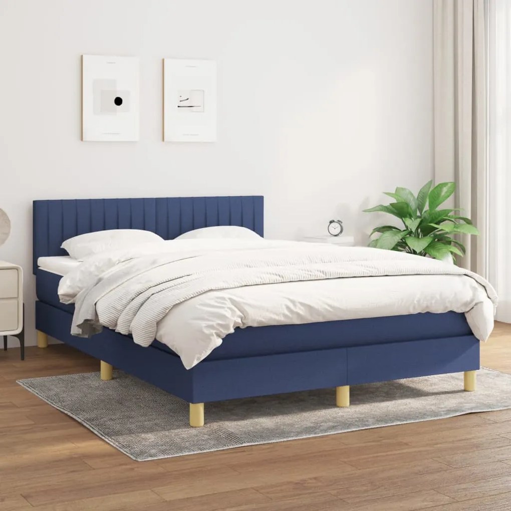 Κρεβάτι Boxspring με Στρώμα Μπλε 140x190 εκ. Υφασμάτινο - Μπλε