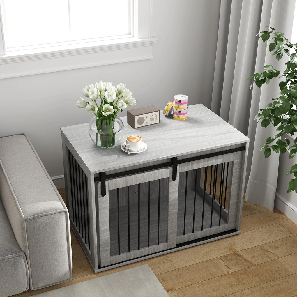 PawHut Κλουβί Σκύλου με Συρόμενη Πόρτα, Αερισμός, Πλάκα Μοριοσανίδων και Ατσάλι, 98 x 58 x 61 cm, Γκρι