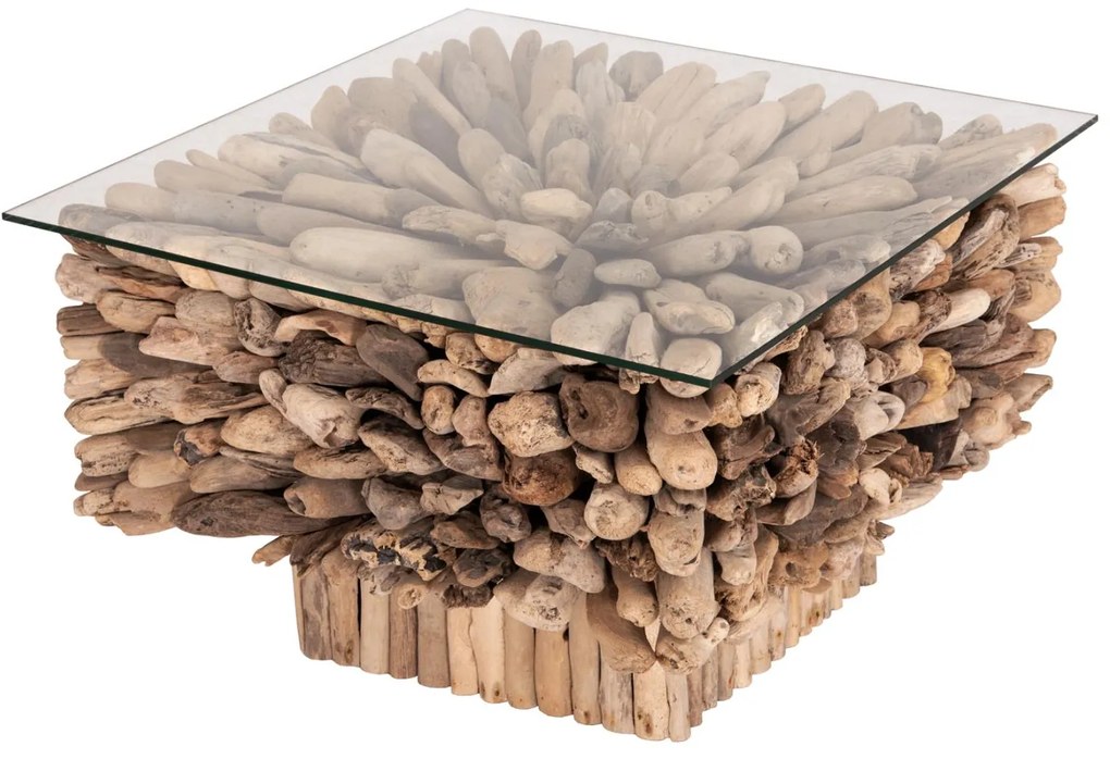 Τραπεζάκι σαλονιού SPARROW C9963 Τετράγωνο Driftwood &amp; Γυαλί 75x75x51Υ εκ. 75x75x51 εκ.