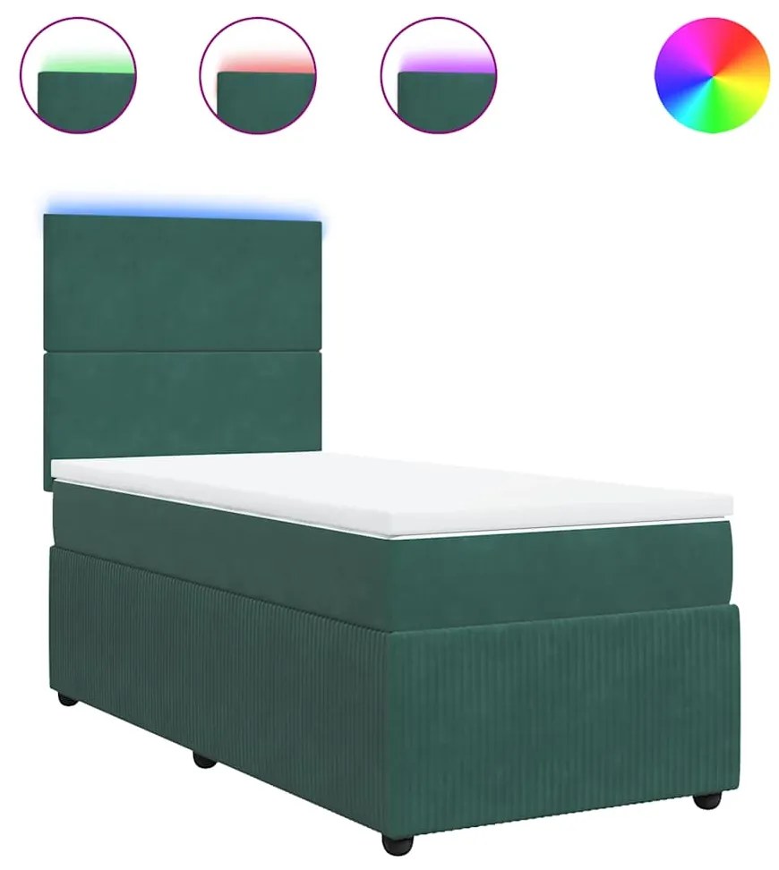 vidaXL Κρεβάτι Boxspring με Στρώμα Σκούρο Πράσινο 90x190 εκ. Βελούδινο
