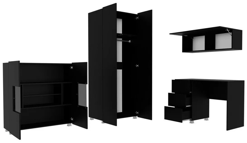 Σετ επίπλων Providence B156, 200x52cm, 143 kg, Μαύρο, Γυαλιστερό μαύρο, Πλαστικοποιημένη μοριοσανίδα, Επεξεργασμένο γυαλί, Στυλ: Μοντέρνο | Epipla1.gr