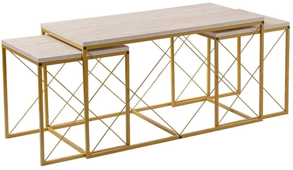 Ζιγκόν Defne (Σετ 3Τμχ) 854KLN4753 100x50x52/45x45x52cm Travertine Beige-Gold