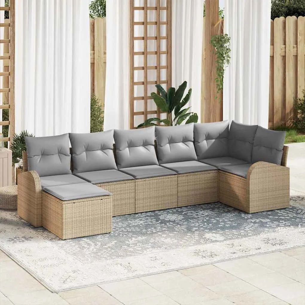 vidaXL Σετ Καναπέ Κήπου με μαξιλάρι 7 pcs Μπεζ Πολυ ράταν